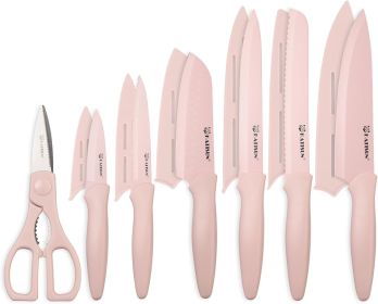 Kitchen Knife Set with Guards, 13 Piece Pink Non-Stick Paint Boxed Knives Set, Anti-Rust and Dishwasher Safe